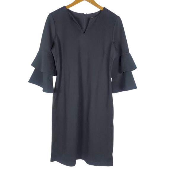 J McLaughlin Letty Dress Sz M Black Tiered Bell Sleeve Bainbridge Cloth Stretch - Picture 2 of 14
